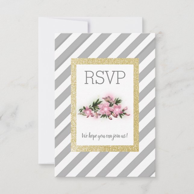 Grey stripe with gold glitter floral rsvp card new (Front)