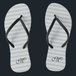 Grey striped monogram wedding party flip flops<br><div class="desc">Grey / grey name monogram striped pattern wedding flip flops. Custom colour strap for him and her / men and women. Custom background colour and personalised name initials. Modern trendy stripe design sandals. Vertical or horizontal lines. Cute party favour for beach theme wedding, marriage, bridal shower, engagement, anniversary, birthday, bbq,...</div>
