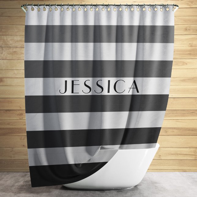 Grey Striped Pattern Personalised Name Shower Curtain (Modern Gray Striped Pattern Shower Curtain)