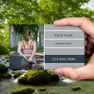 Grey Striped Photo Fitness Personal Trainer Business Card