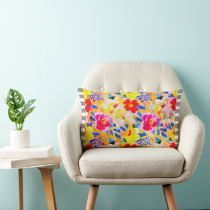 Grey Striped Trim Orange Floral Throw Pillow