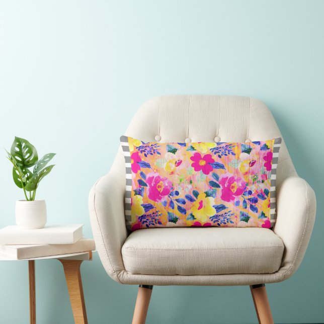 Grey Striped Trim Pink Floral Throw Pillow (Chair)