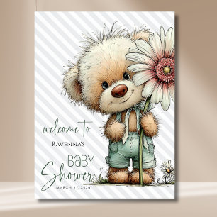 Grey Stripes Bear Big Daisy Baby Shower Welcome Poster