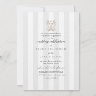 Grey Stripes & Brown Damask Wedding Invitation