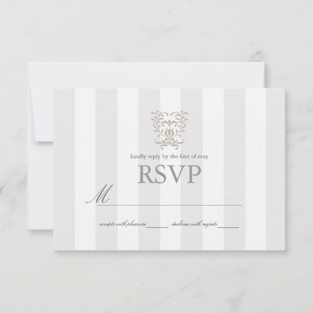 Grey Stripes & Brown Damask Wedding RSVP (Front)