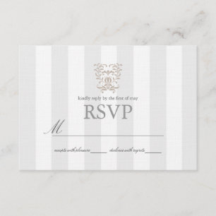 Grey Stripes & Brown Damask Wedding RSVP Card