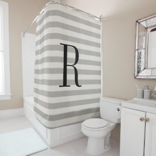Grey Stripes Large Monogram Farmhouse Bathroom Shower Curtain