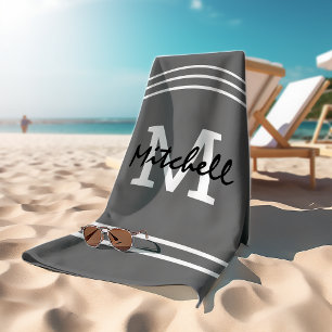 Grey Stripes Masculine Monogram Beach Towel