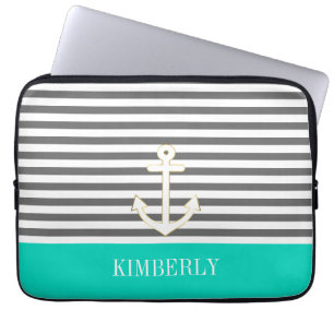 Grey Stripes Nautical Anchor Teal Monogram Laptop Sleeve