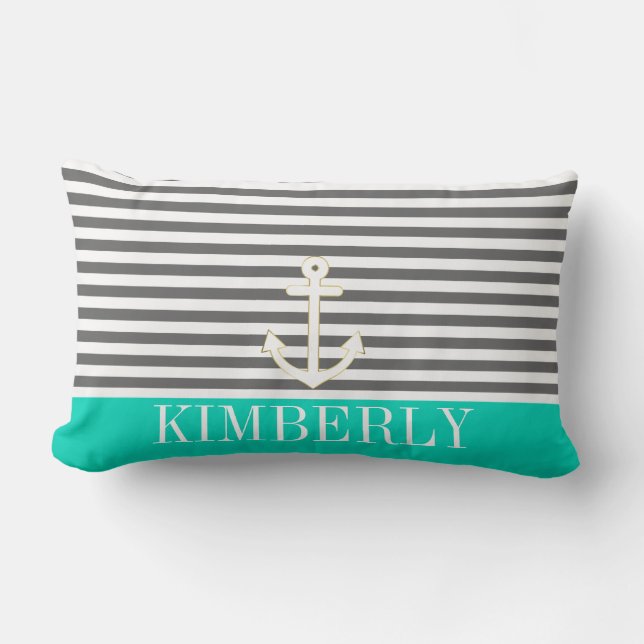 Grey Stripes Nautical Anchor Teal Monogram Lumbar Cushion (Front)