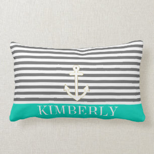 Grey Stripes Nautical Anchor Teal Monogram Lumbar Cushion