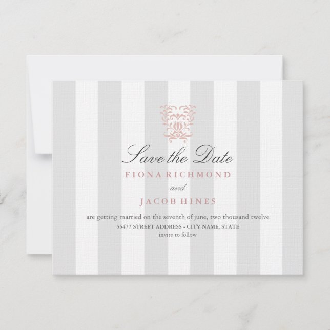 Grey Stripes & Peach Damask Wedding Save The Date (Front)