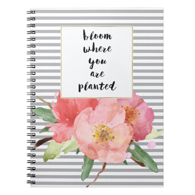 Grey Stripes Pink Watercolor Floral Bloom Spiral Notebook (Front)