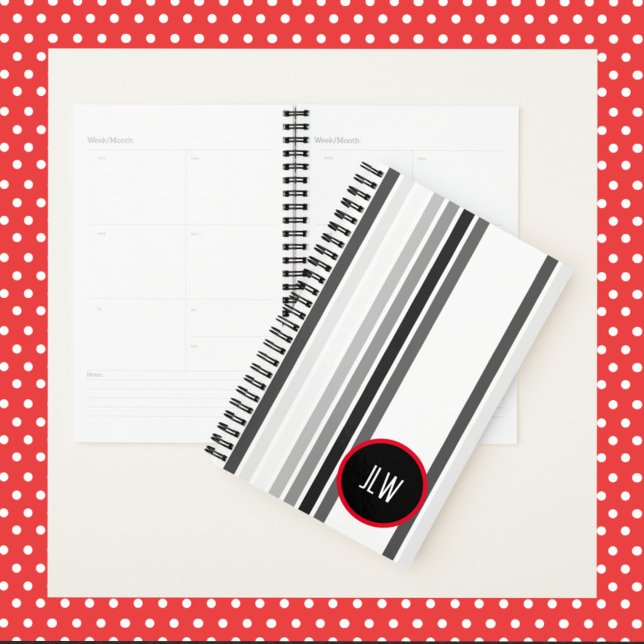 Grey Stripes Red Circle Black White with Initials Planner (Creator Uploaded)