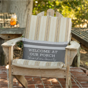 Grey stripes welcome porch family name outdoor lumbar cushion