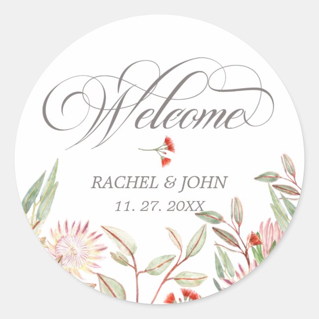 Grey Stylish Calligraphic Script Welcome Wedding Classic Round Sticker (Front)
