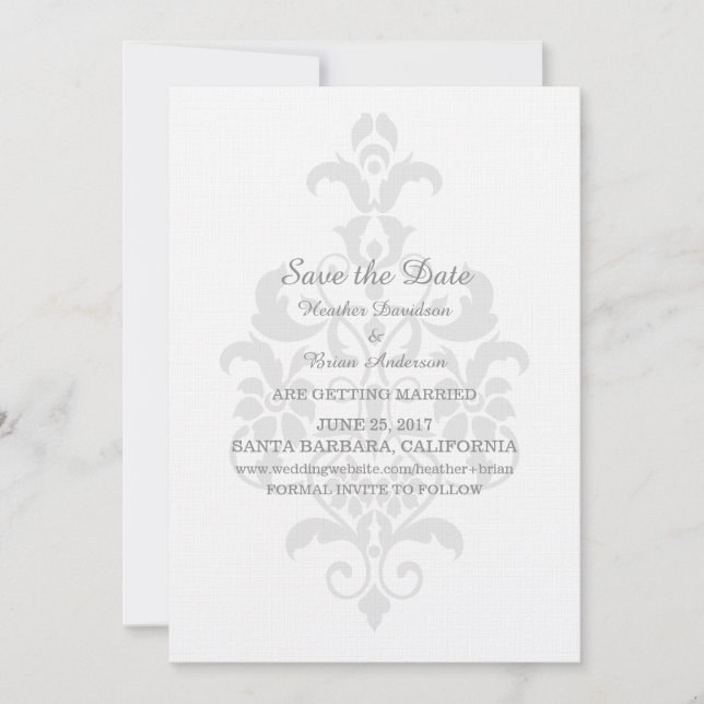 Grey Subtle Damask Save the Date Invite (Front)