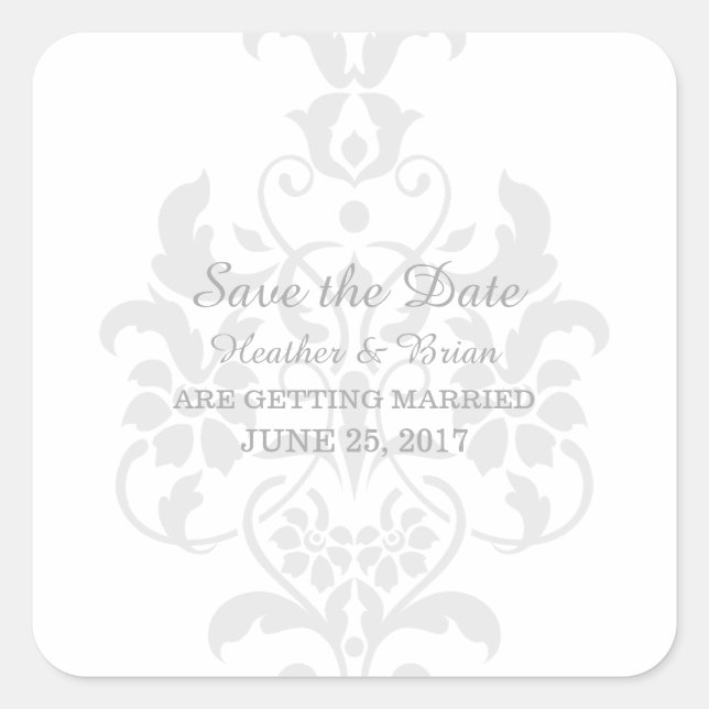 Grey Subtle Damask Save the Date Stickers (Front)