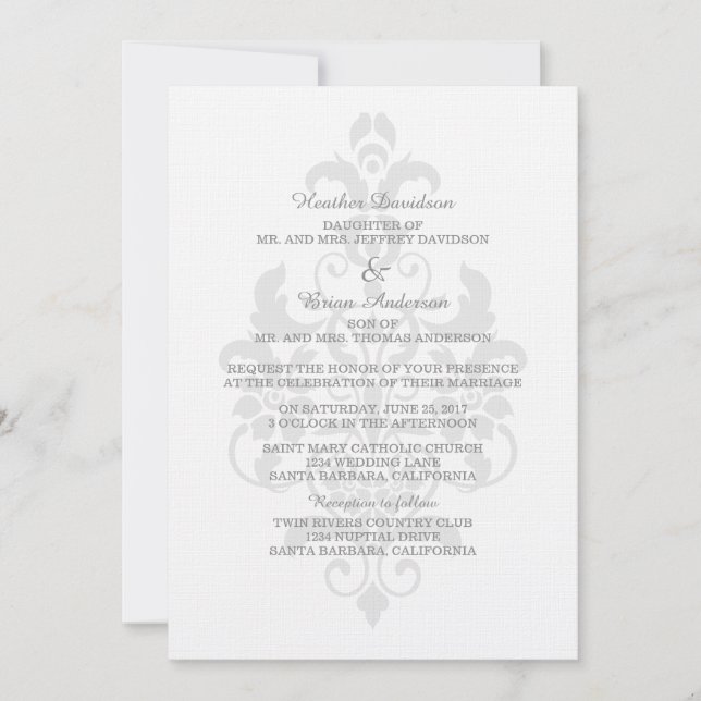 Grey Subtle Damask Wedding Invite (Front)