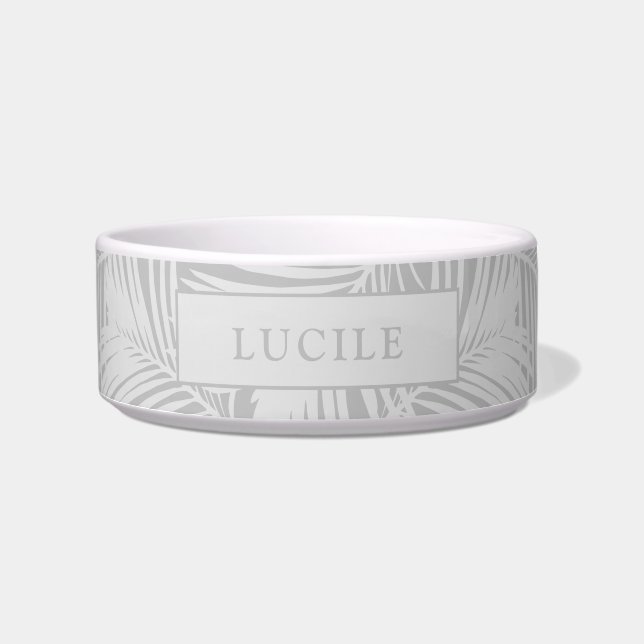 Grey Subtle Pattern Modern Tropical Pet Name Bowl (Front)