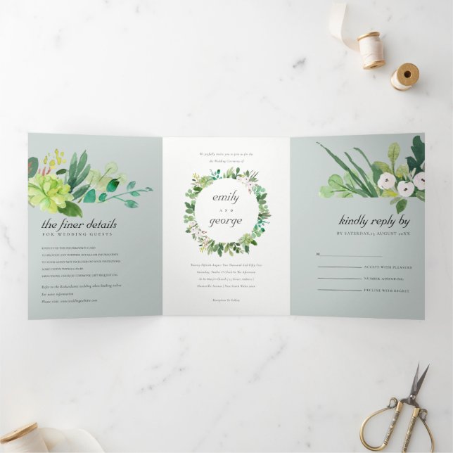 GREY SUCCULENT WREATH FOLIAGE WATERCOLOR WEDDING Tri-Fold INVITATION (Inside)