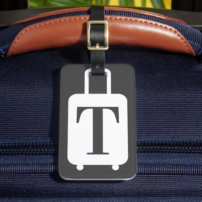 Grey suitcase luggage tag with black leather strap (Front Insitu 2)