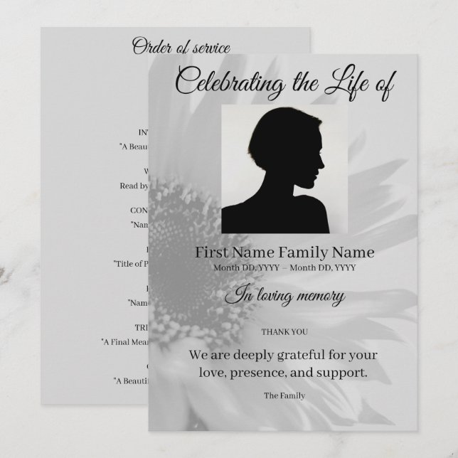 Grey sunflower order of service invitation (Front/Back)