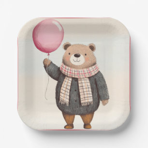 Grey Sweater Bear with Pink Plaid Scarf Paper Plate