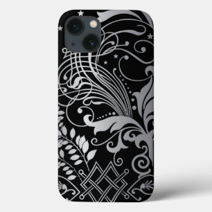 Grey Swirling Damask Pattern on Black iPhone 13 Case