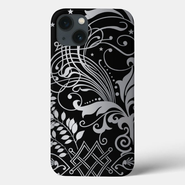 Grey Swirling Damask Pattern on Black Case-Mate iPhone Case (Back)