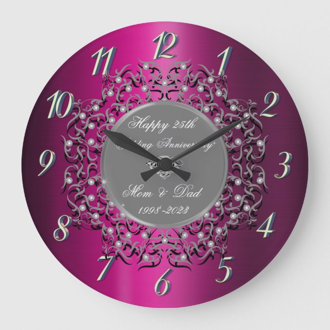 Grey Swirls Purple Metallic 25 Wedding  Large Clock (Front)