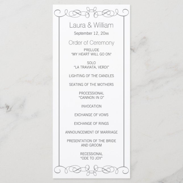 Grey Swirls Wedding Program Rack Cards (Front)