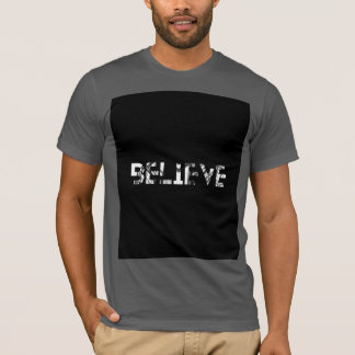 grey t-shirt with title believe