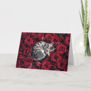Grey Tabby and Roses Card