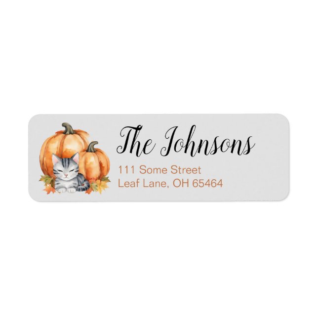 Grey Tabby Cat and Pumpkin Fall Address Label (Front)