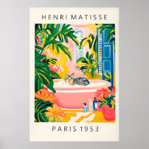 Grey Tabby Cat Bath Art Print Matisse Style