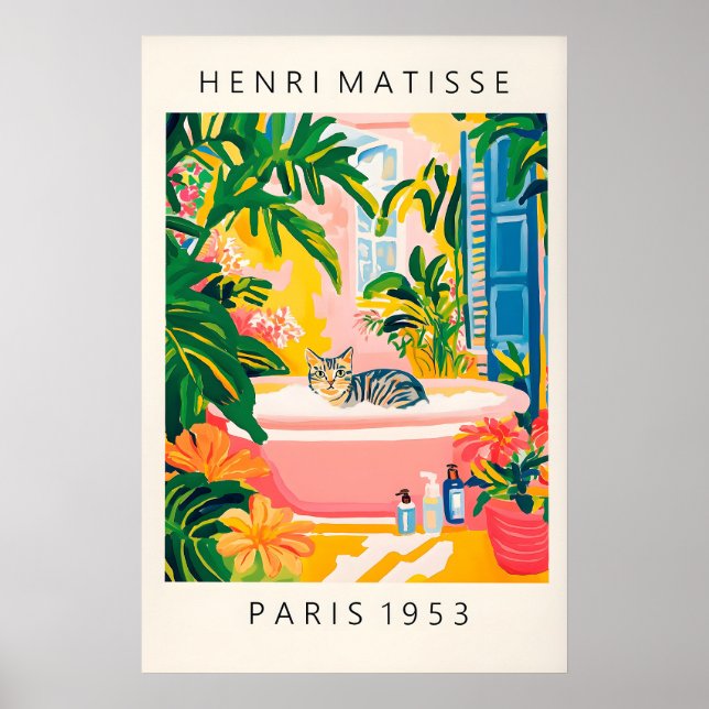 Grey Tabby Cat Bath Art Print Matisse Style (Front)