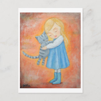 Grey Tabby Cat & Blonde Girl Hug Post Card