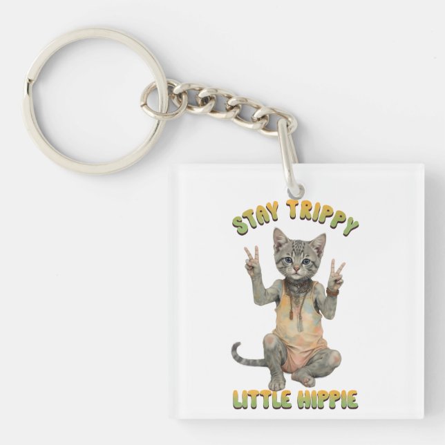 Grey Tabby Cat Boho Stay Trippy Little Hippie  Key Ring (Front)