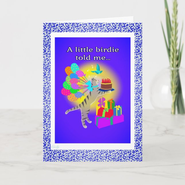 Grey Tabby Cat brings a Birthday Cake! Card (Front)