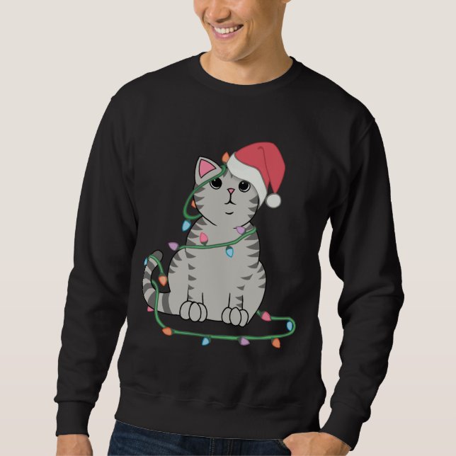Grey Tabby Cat Christmas lights funny cat lover xm Sweatshirt (Front)