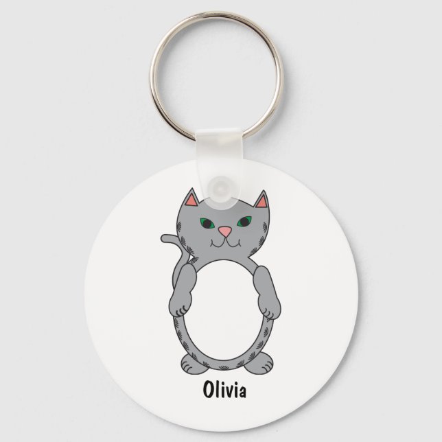 Grey Tabby Cat Cute Personalise Key Ring (Front)