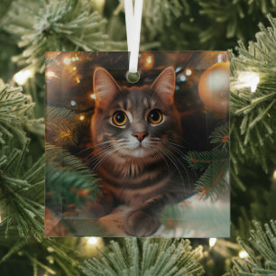 Grey Tabby Cat Glass Ornament