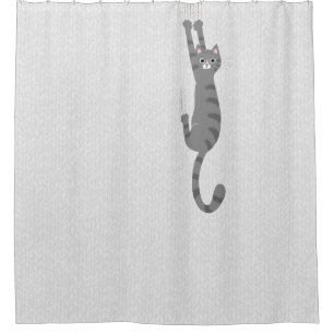 Grey Tabby Cat Hanging On Funny Grey Striped Cat Shower Curtain