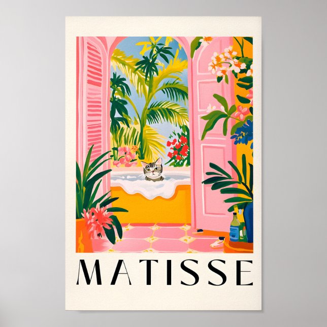 Grey Tabby Cat In A Bathtub, Pink Bathroom Wall Ar Poster (Front)