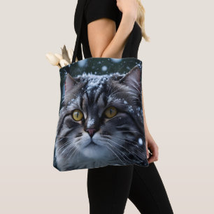 Grey Tabby Cat in Snowstorm  Tote Bag