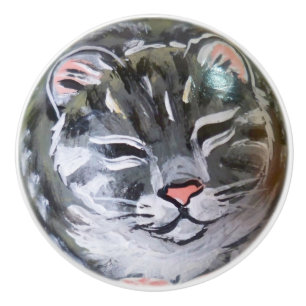Grey Tabby Cat Kitten Drawer Cabinet Door Knob Pul