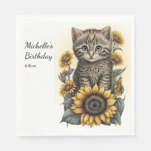 Grey Tabby Cat Kitten Sunflowers Birthday  Napkin