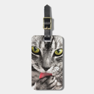 Grey Tabby cat licking paw Luggage Tag