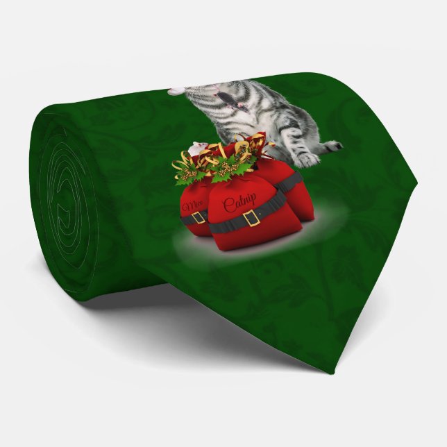 Grey Tabby Cat on Christmas Green Tie (Rolled)